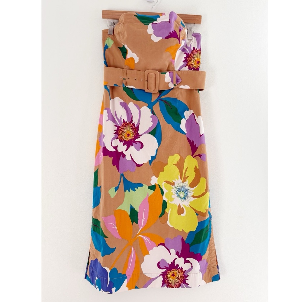Anthropologie || Maeve Strapless Floral Belted Dress Midi Pencil Tan MP‎